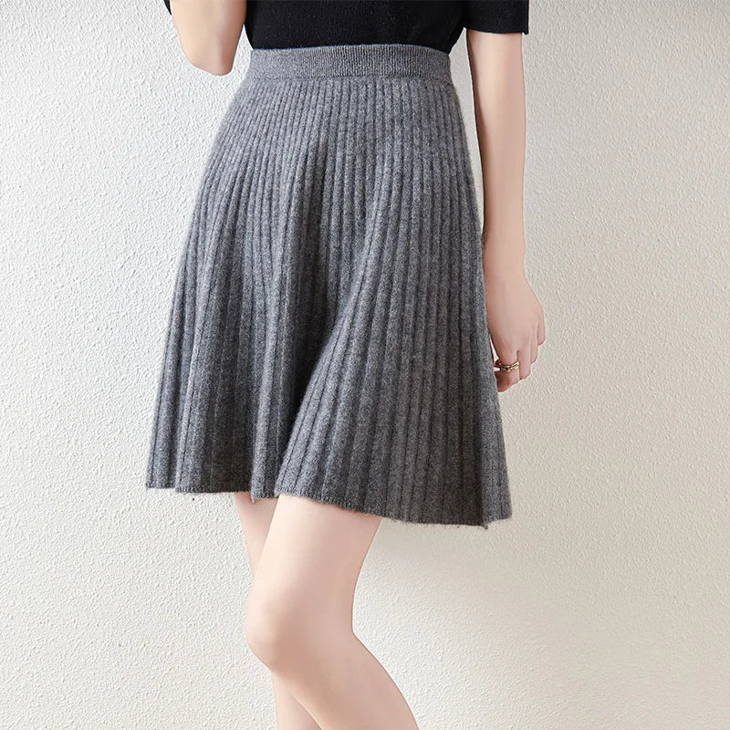 Women's merino wool ribbed A-line skirt, cozy lightweight knit with subtle textured dimension