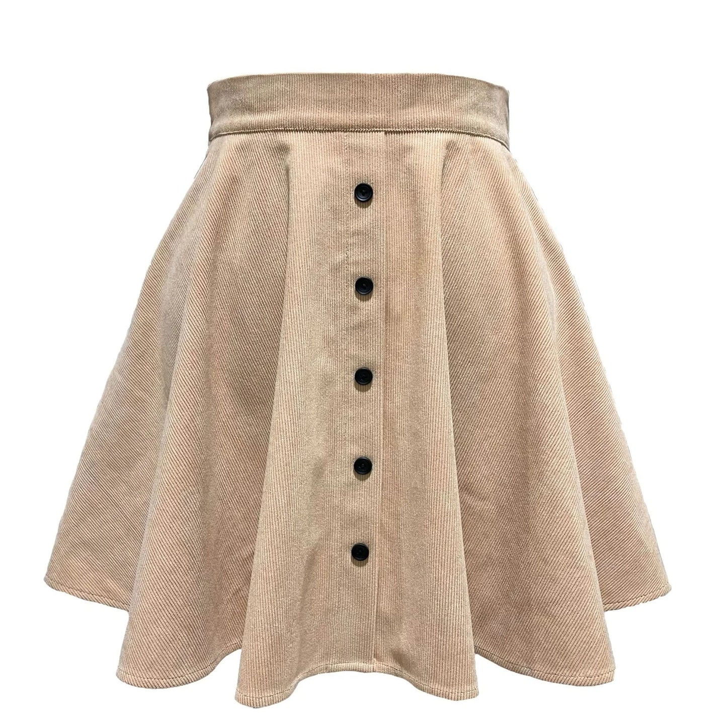 Women's high-waisted corduroy A-line mini skirt in neutral cotton blend with chic above-knee silhouette
