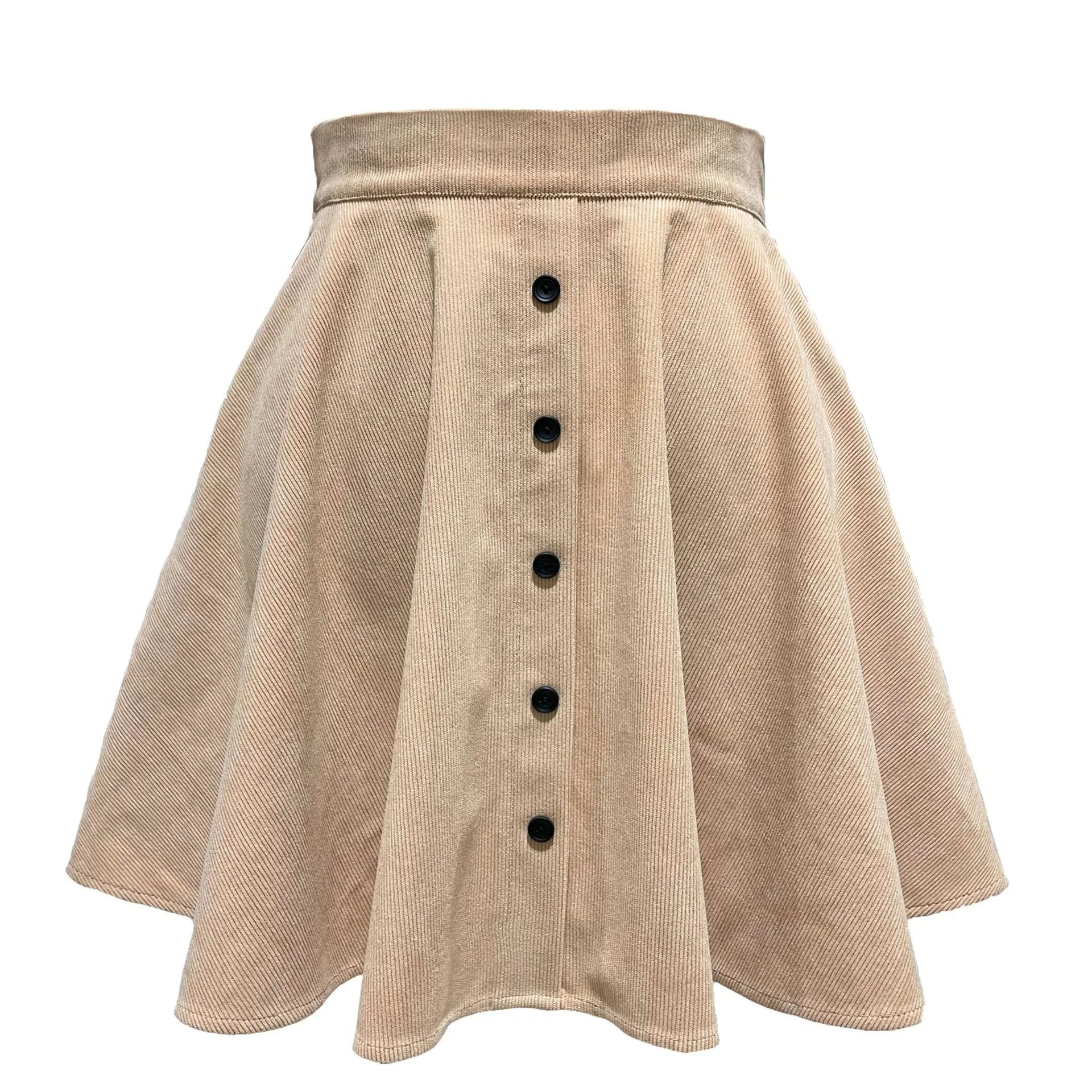 Women's high-waisted corduroy A-line mini skirt in neutral cotton blend with chic above-knee silhouette
