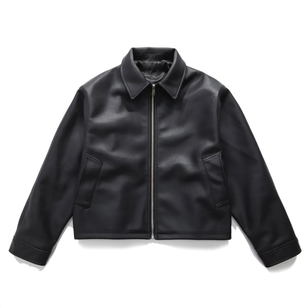 Black vegan leather cropped jacket with zip-front closure, minimalist tailored silhouette for women