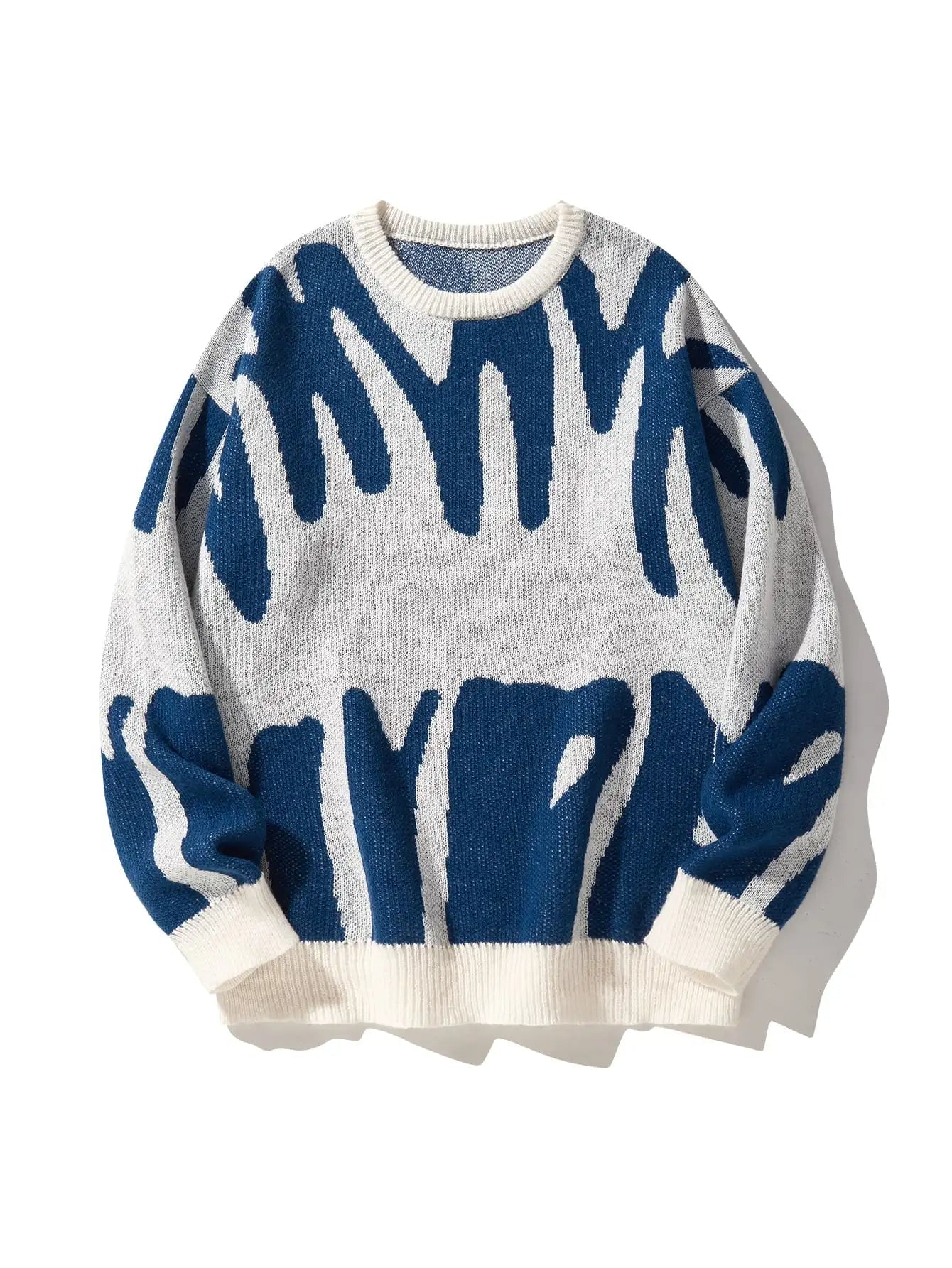 Avant abstract knit sweater oversized fit, bold artistic pattern, ultra-soft streetwear pullover