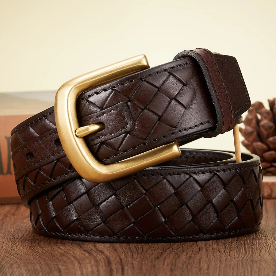 Men's woven cowhide leather belt in brown with bold brass-tone copper buckle classic style