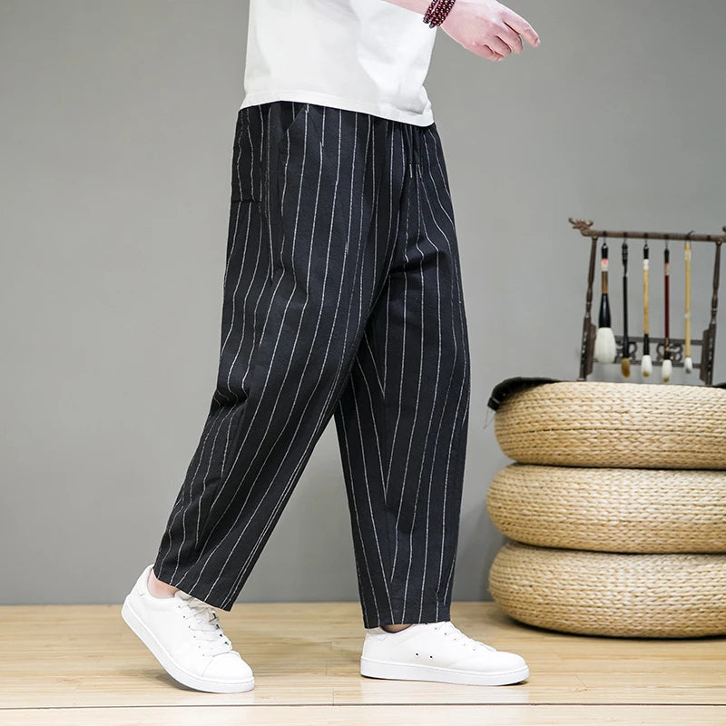 Navy blue pinstripe wide-leg lounge pants relaxed fit lightweight cotton weekend comfort