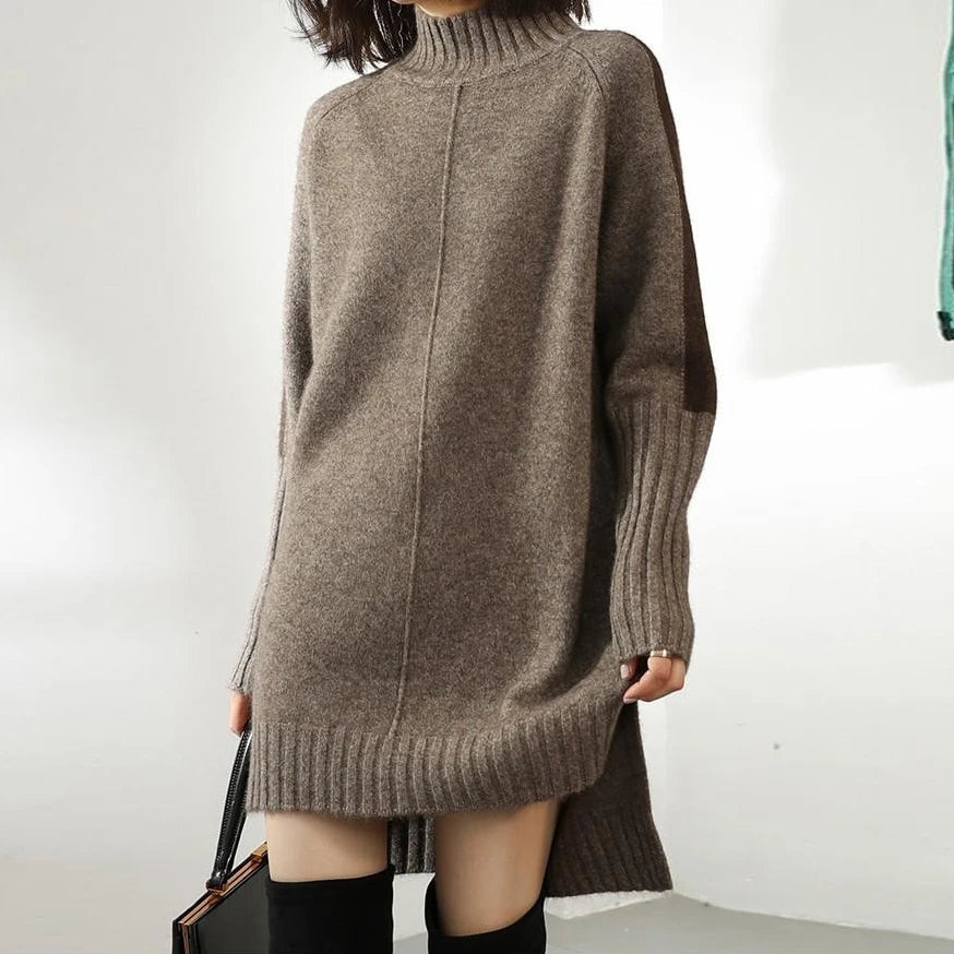 Women's oversized knit sweater dress mock neck ribbed trim dual tone sleeves warm casual style