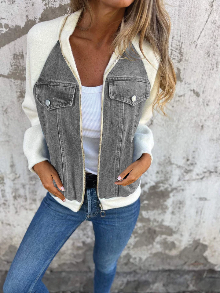 Women's two-tone zip jacket urban casual style modern flattering cut versatile everyday layer