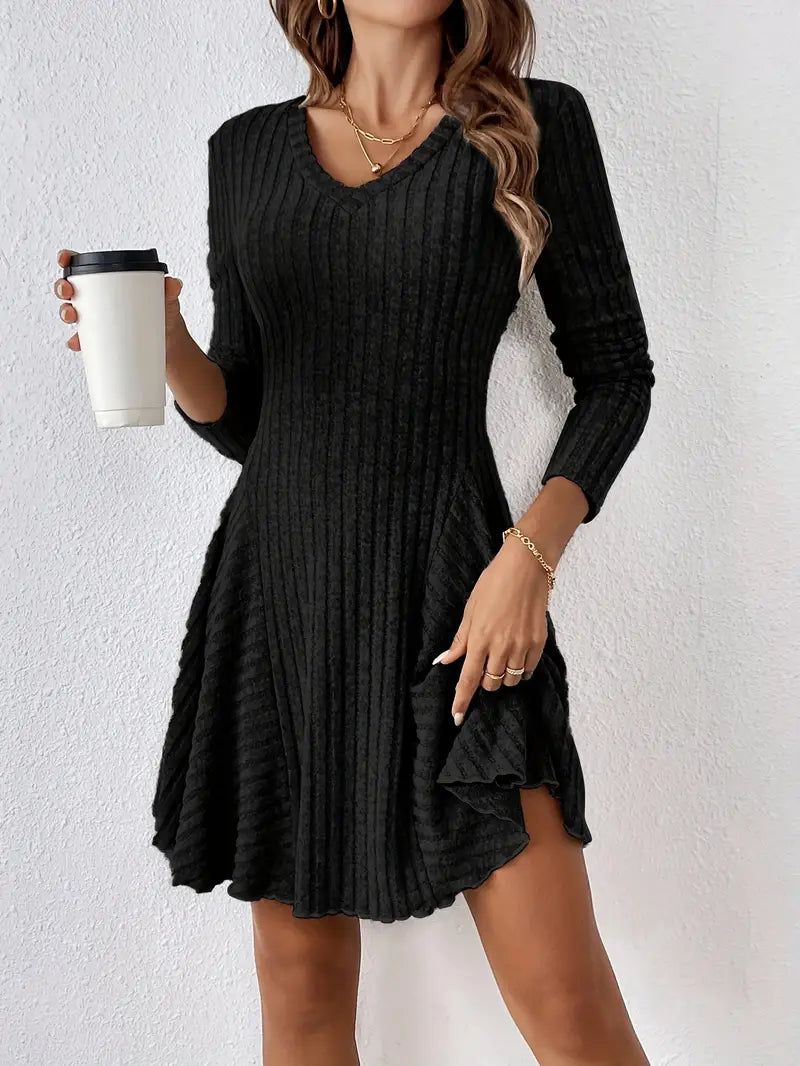 Women's ribbed knit A-line dress long sleeve casual everyday stretch fabric flattering silhouette