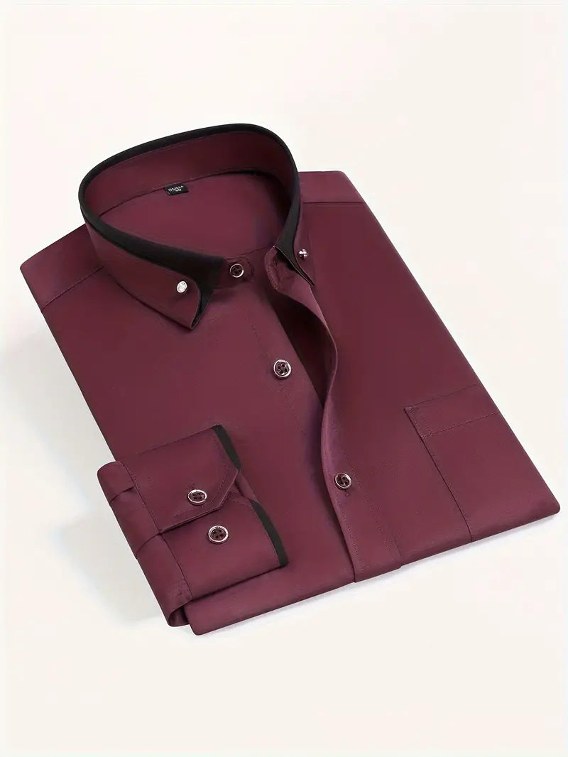 Men's slim-fit long sleeve dress shirt in solid color with breathable fabric for office and daily wear