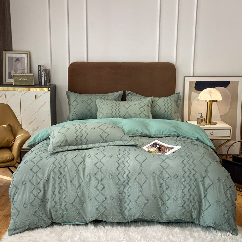 White tufted chevron microfiber bedding set with textured duvet cover for modern bedrooms