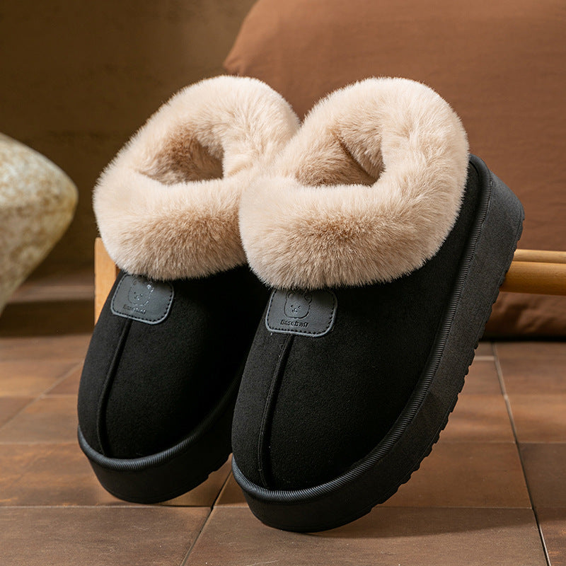 Women's plush lined bootie slippers in neutral tones, slip-on silhouette with cloud-soft platform sole