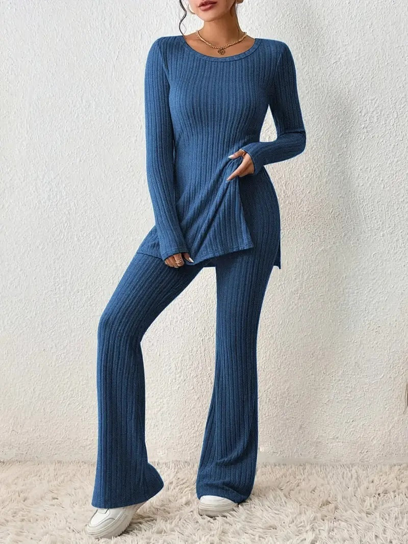Women's two-piece knit set long-sleeve top and wide-leg pants soft stretchy elegant comfort fit