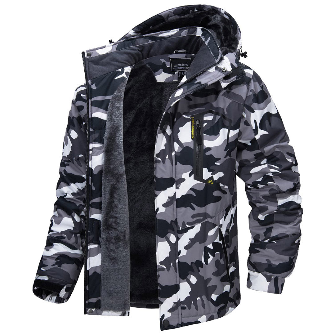 Men's waterproof fleece-lined ski jacket with detachable hood, multiple pockets, cold-weather outdoor wear