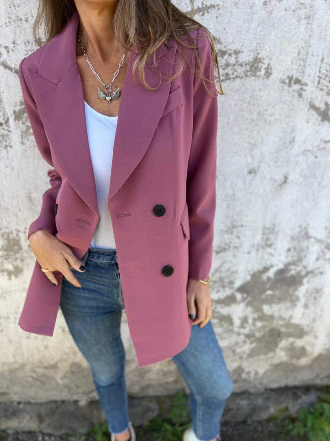 Women's black double-breasted blazer tailored fitted silhouette with polished button detail