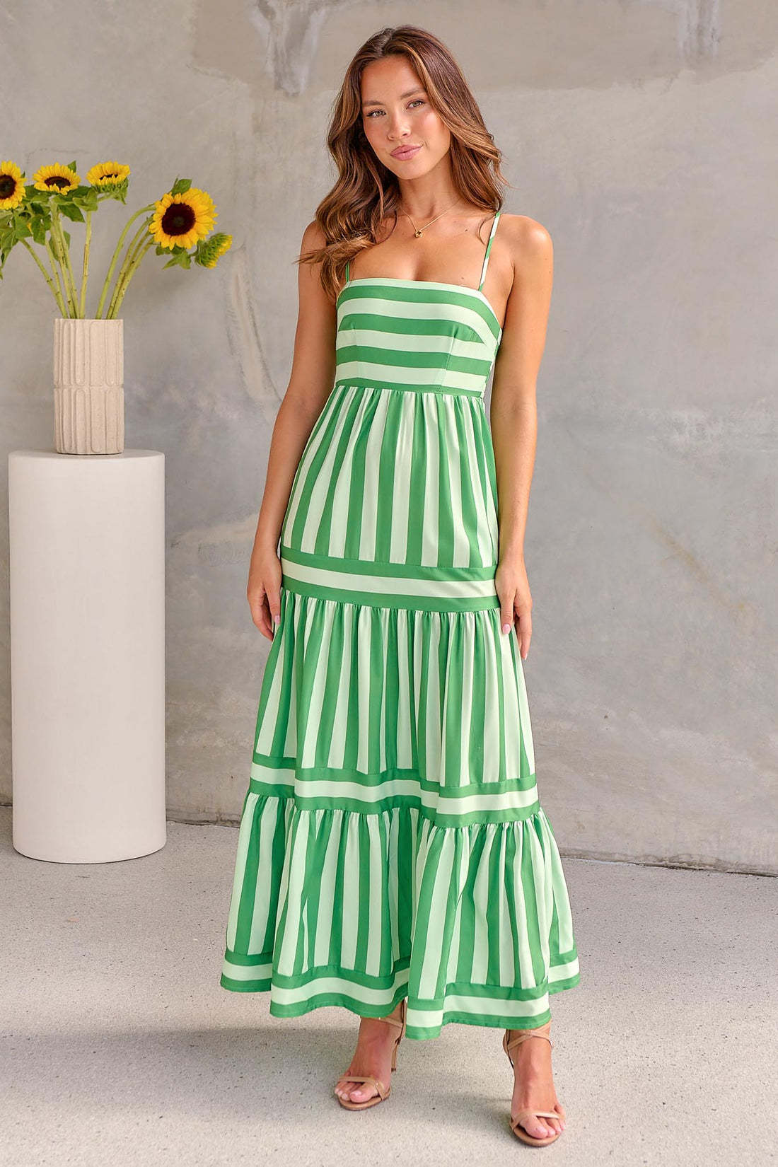 Striped flowy midi dress women sleeveless square neck backless lightweight summer beach style