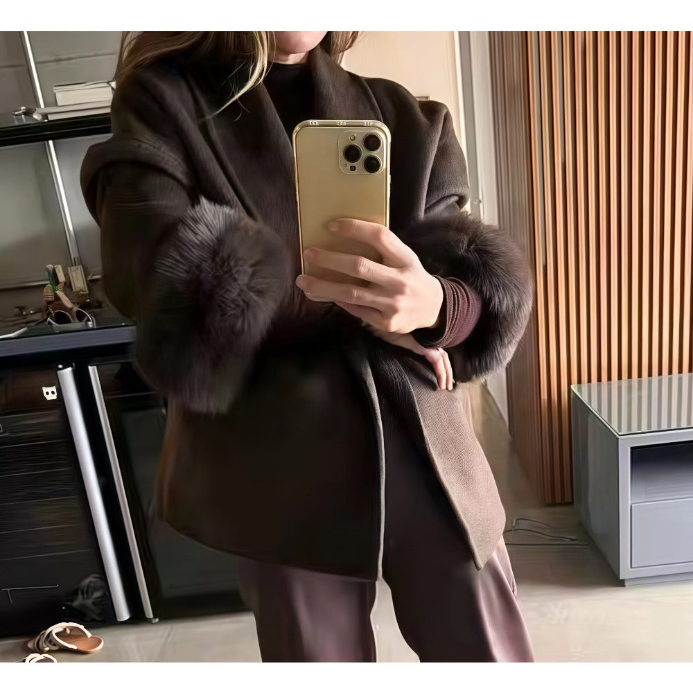 Women's belted faux fur sleeve coat cozy winter warmth premium plush cold-weather elegance