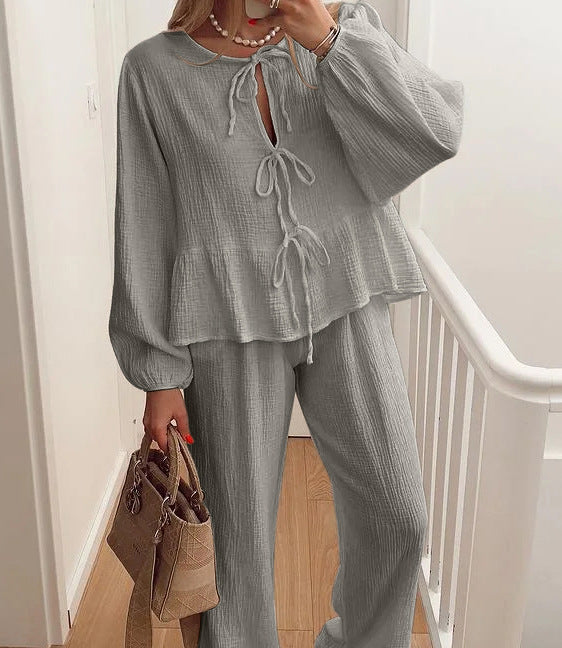 Women casual white cotton two-piece set lace-up top and matching pants for spring summer