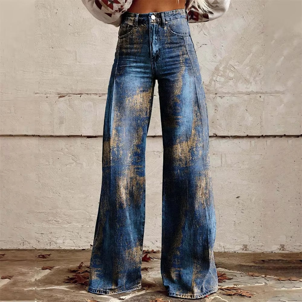 Bold high-waist flared denim jeans with celestial patterns in soft stretch cotton blend