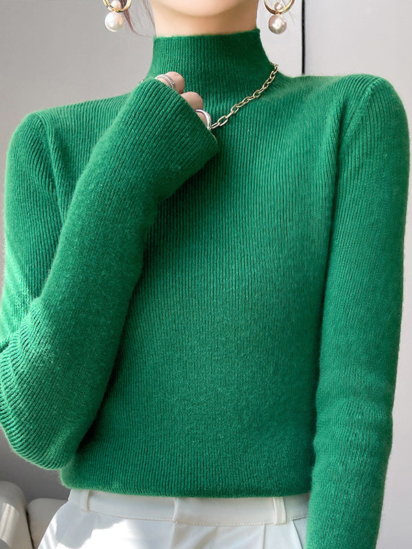 Women's cream ribbed knit turtleneck sweater with flattering slim fit and high neck