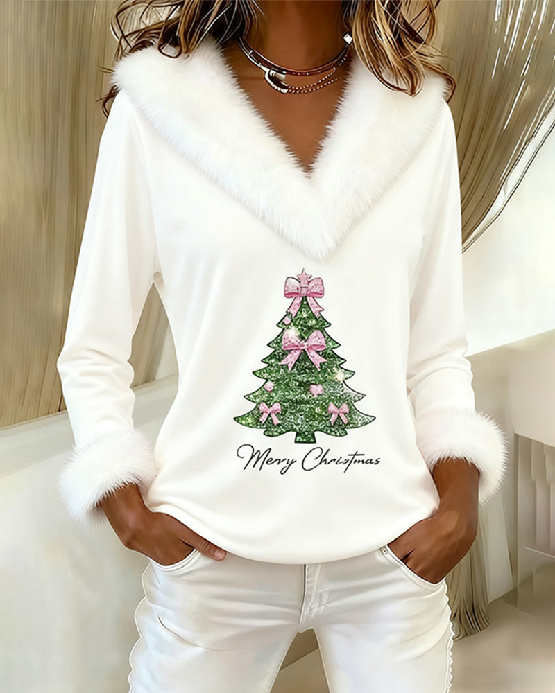 Women's holiday long sleeve knit top relaxed fit festive trim graphic cozy winter style