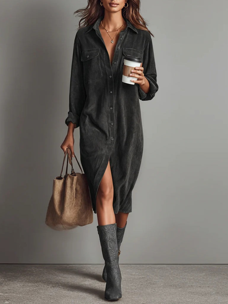 Casual corduroy midi dress loose fit with double chest pockets, warm earth-tone relaxed silhouette