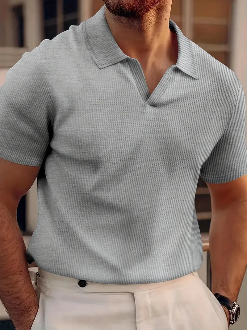 Men's ribbed knit polo shirt V-neck short sleeve cotton blend textured everyday essential