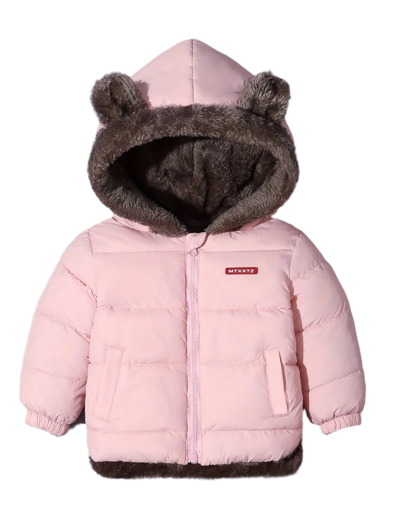 Kids unisex lightweight winter coat with soft lining and playful bear-ear hood detail for warm comfort