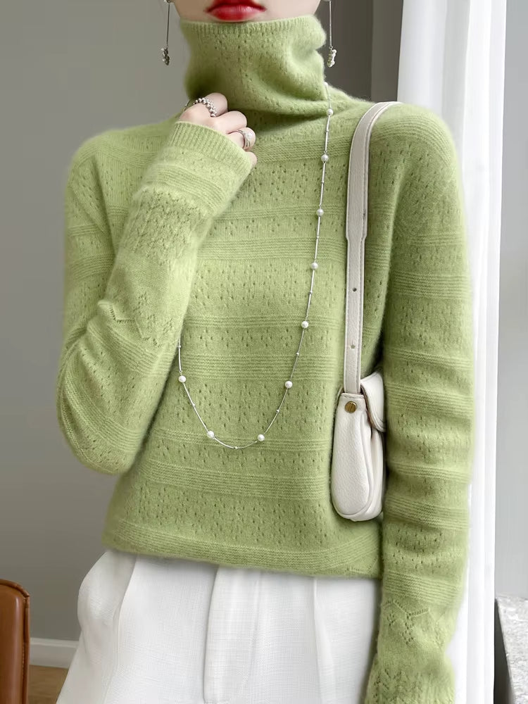 Women's wool turtleneck pullover in neutral tone, featherlight stacked collar with subtle knit pattern