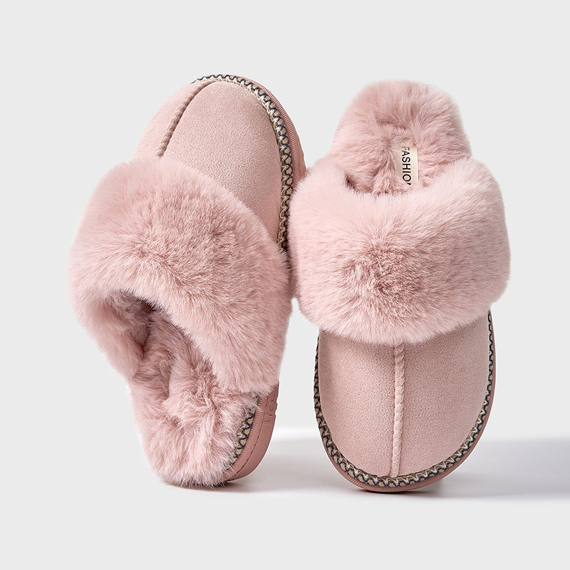 Women's fur-lined slip-on moccasin slippers with plush interior lining in cozy neutral tones