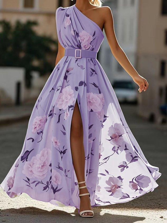 Light green floral chiffon maxi dress with ruched one-shoulder neckline, A-line silhouette