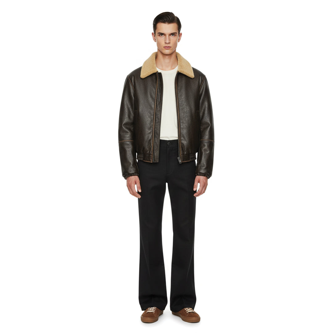 Men's black vegan leather shearling jacket relaxed fit with waist-length cut and textured trim