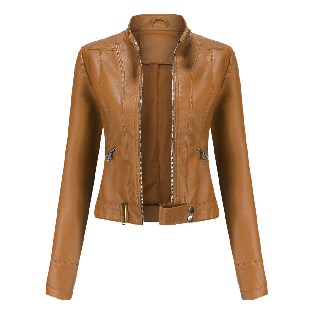 Women's slim fit stand-up collar jacket with clean front zipper, sleek modern style for casual and elegant looks