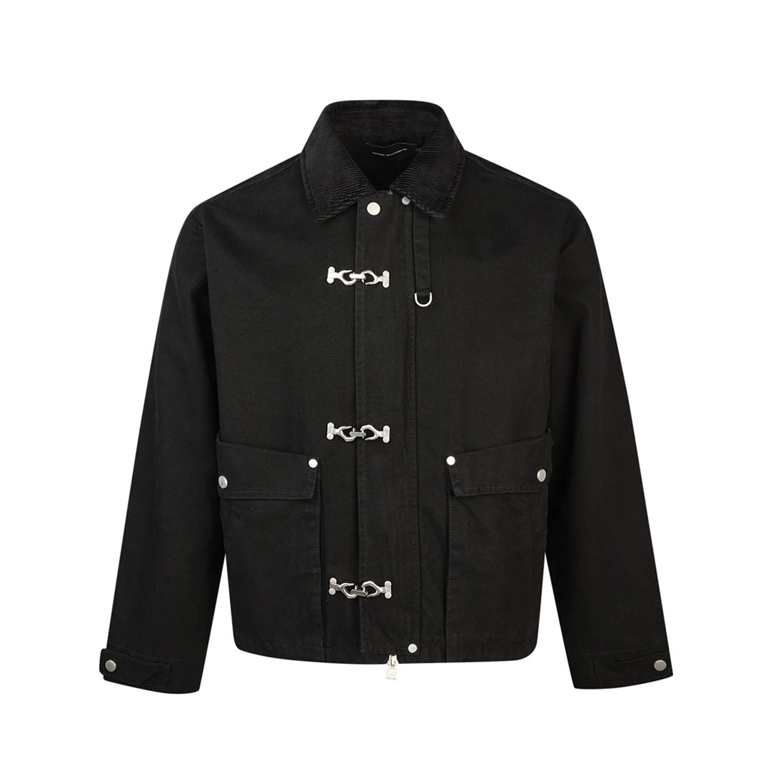 Beige canvas jacket tailored fit silver hook-and-loop closures corduroy collar dual pockets modern style