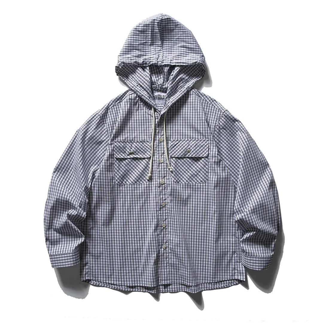 Plaid cotton overshirt hoodie relaxed fit with cargo pockets and drawstring hood for streetwear