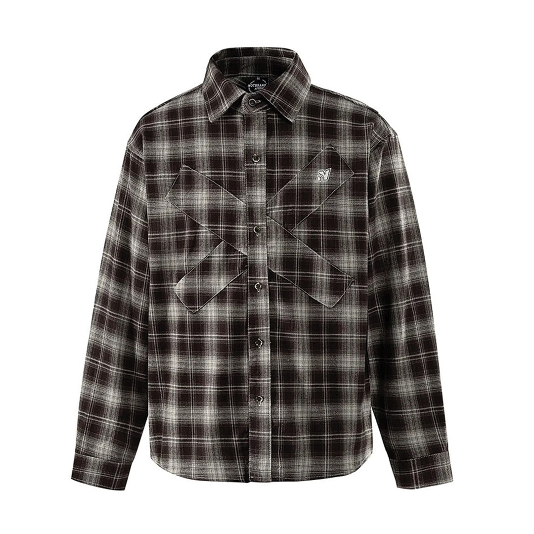 Unisex relaxed-fit flannel shirt soft check pattern cross overlay chest panels casual modern