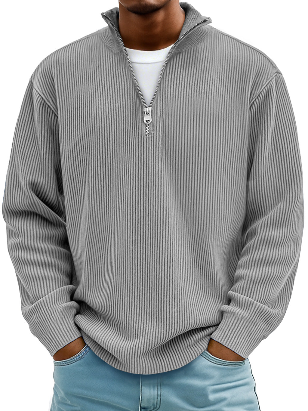 Men's ribbed half-zip winter sweater in neutral tone, modern slim fit with textured knit detail