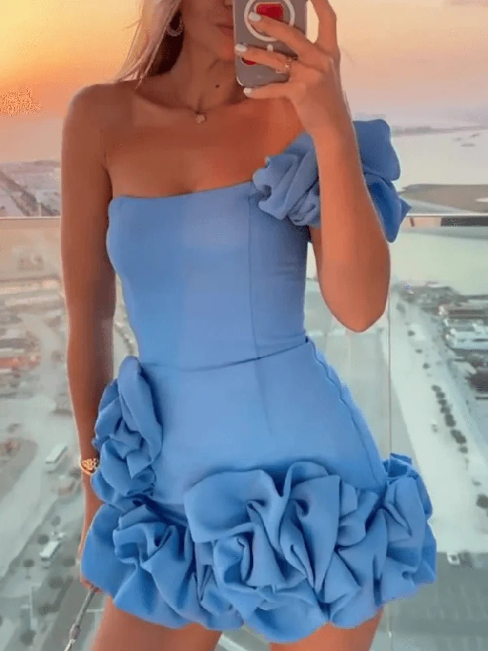 Women's chic off-shoulder mini dress with ruffled flower bud waist detail, thigh-length party style