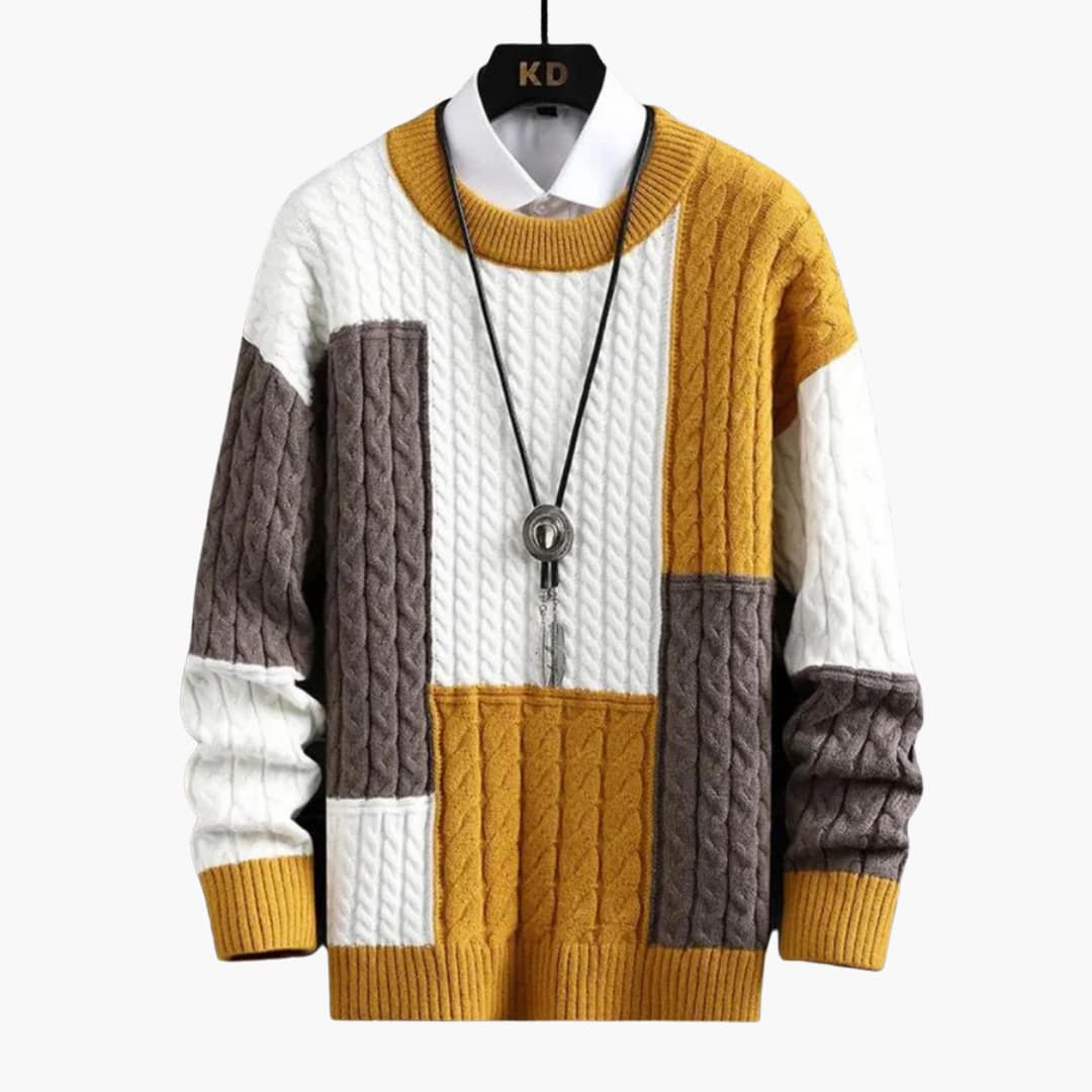 Men's cable knit sweater color block round neck ribbed finish versatile everyday layering piece