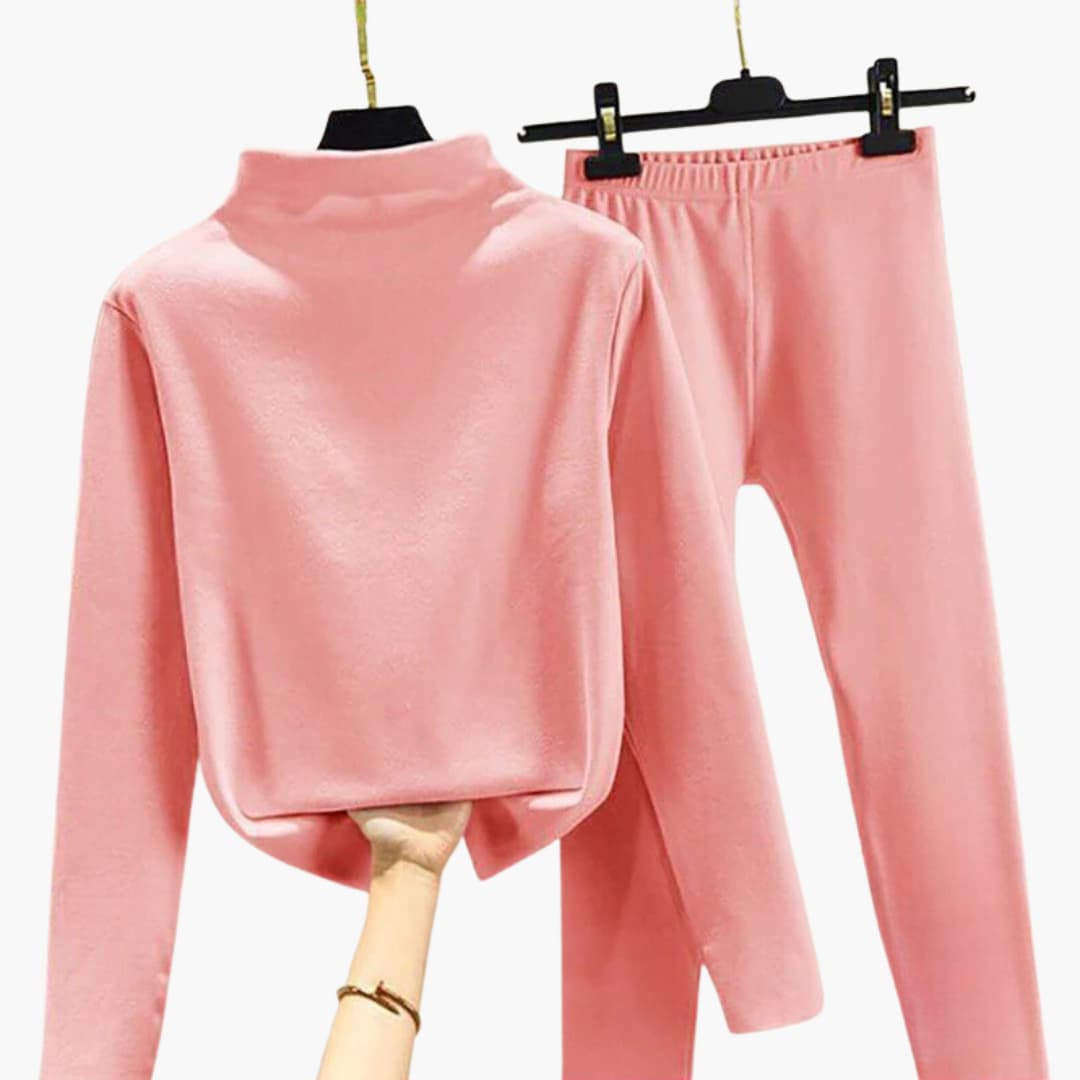 Women's fleece two-piece set high-neck sweater tapered pants elastic waistband cozy loungewear