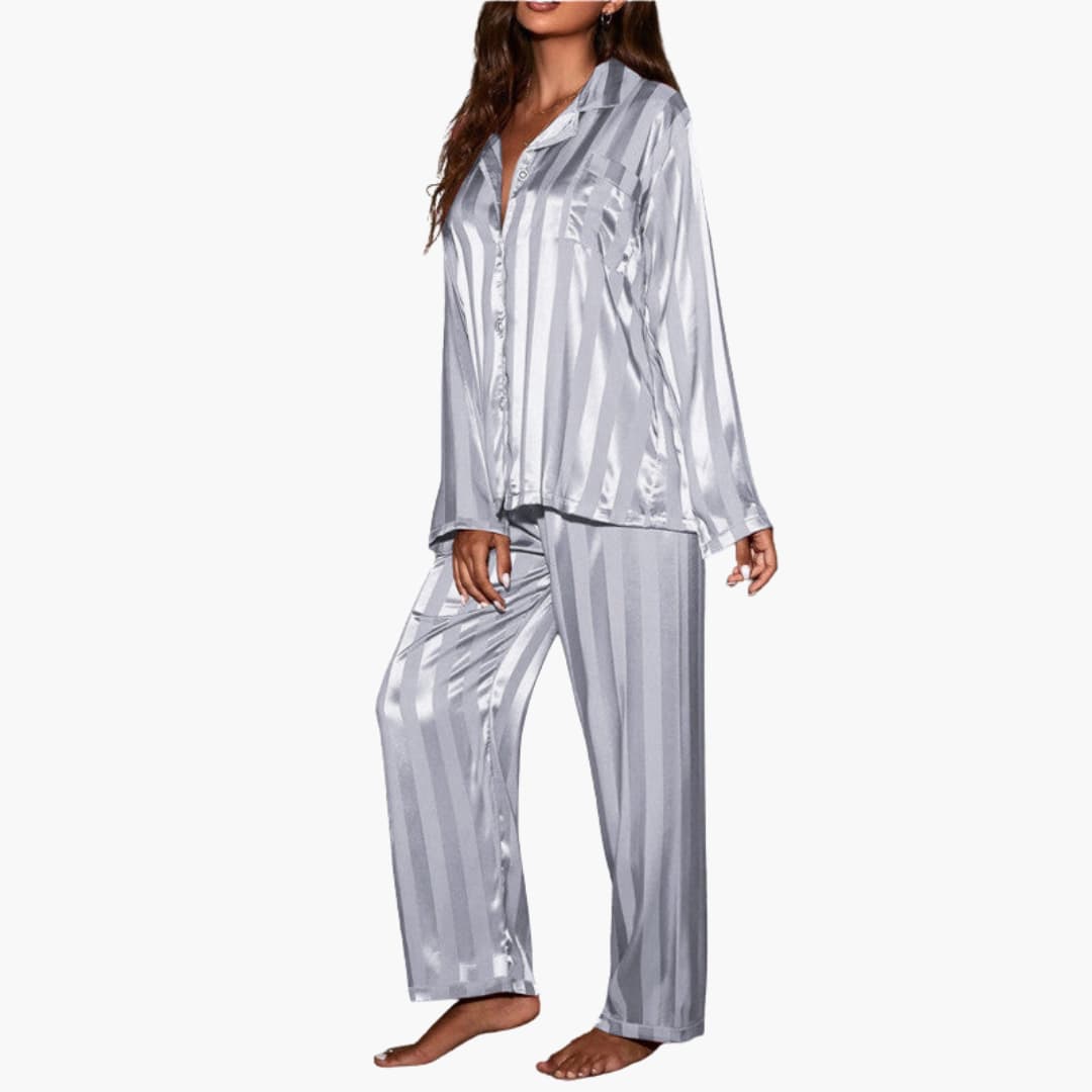 Women's satin pajama set with striped button-front top and elastic waistband in silky finish