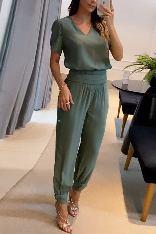 Women's printed two-piece set V-neck short sleeve top long pants soft blended fabric all-season