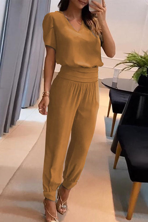Women's printed two-piece set V-neck short sleeve top with long pants soft blended fabric all-season