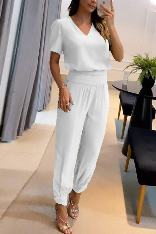 Women's printed two-piece set V-neck short sleeve top with long pants soft blended fabric all-season