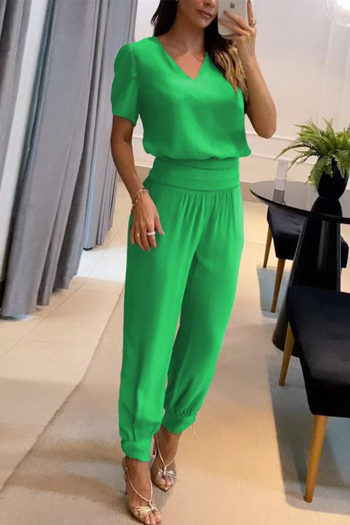 Women's printed two-piece set V-neck short sleeve top and long pants soft blended fabric all-season