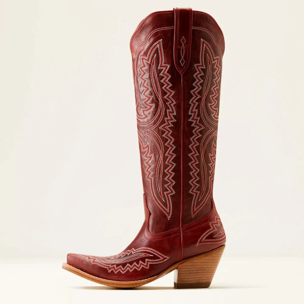 Women's western cowboy boots tan brown embroidered pointed toe mid heel with pull tabs
