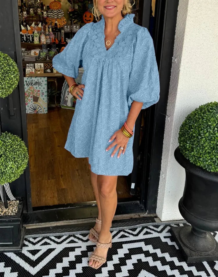 Faye | Women's Puff Sleeve Mini Dress V-Neck Smock Babydoll