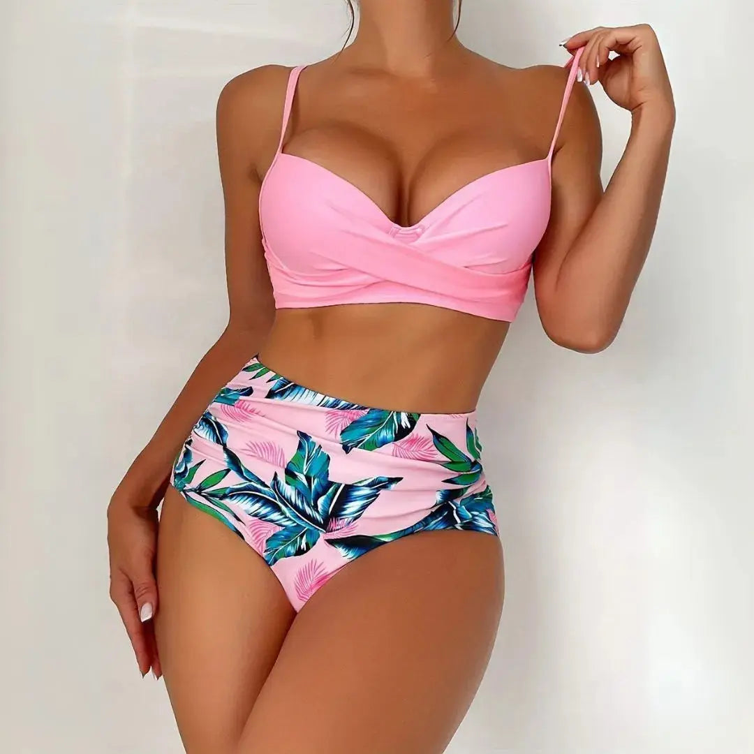 Tropical floral bikini set high waisted twist-front top with adjustable straps and ruched bottoms