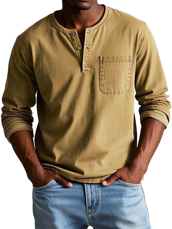 Men's beige relaxed-fit long sleeve casual shirt with classic minimalist design for everyday wear