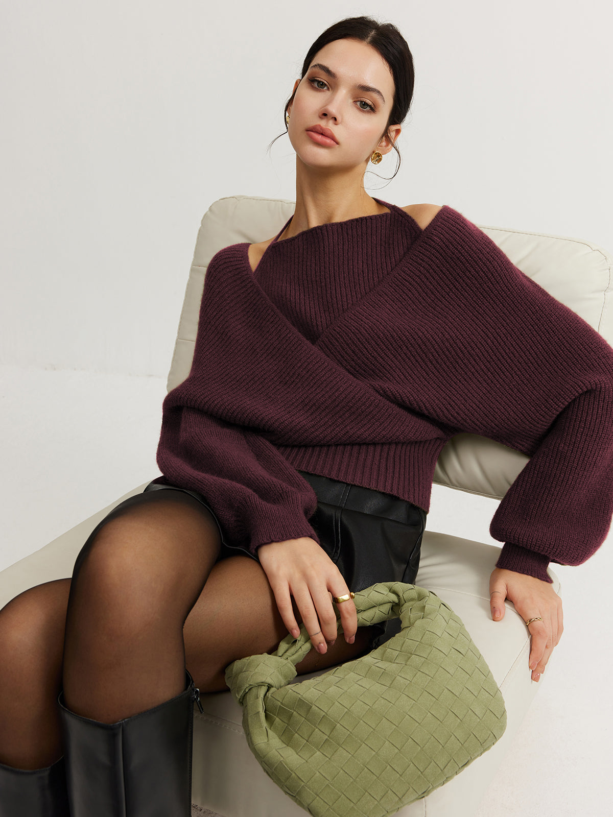 Women's convertible bat sleeve halter knit top, cozy ribbed knitwear with criss-cross back detail