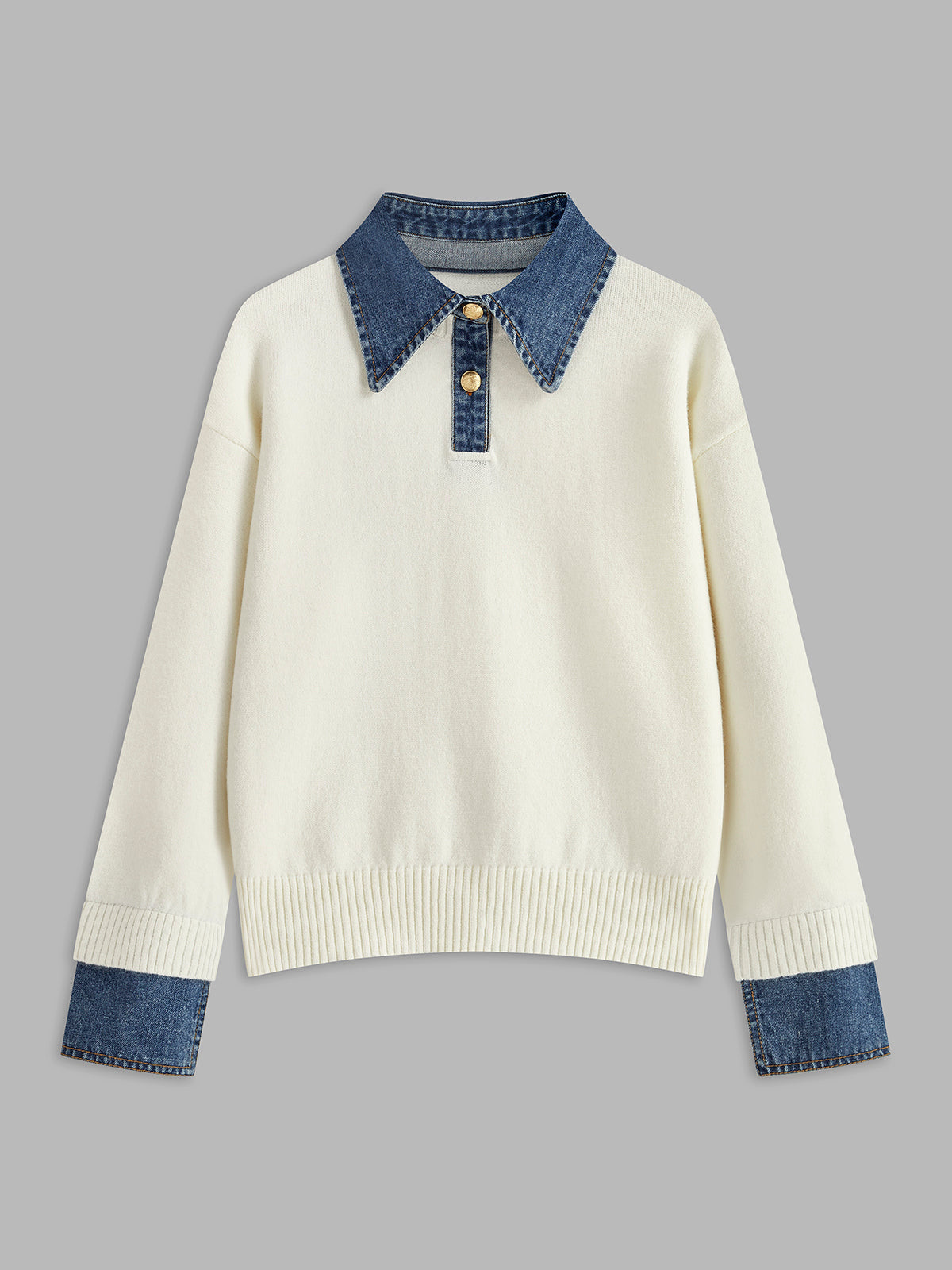 Women's two-tone panel lapel sweater casual elegant knit with metal button closure