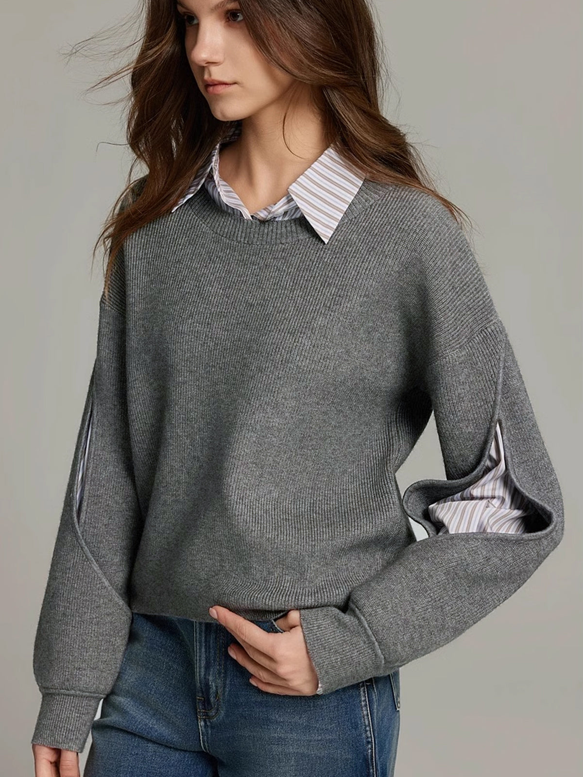 Women's ribbed knit sweater colorblock shoulder cutout casual elegant two-tone top