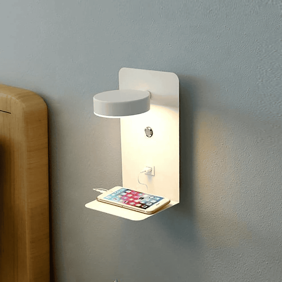 Norvo dimmable LED wall lamp with USB charger and shelf, minimalist bedside light for modern rooms